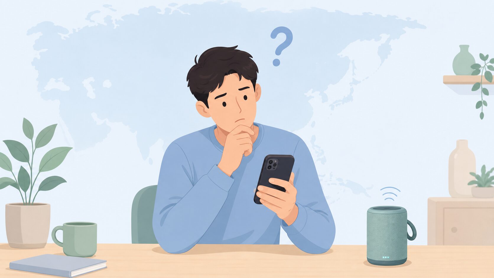 スマートフォンでブランドを調査する30代男性とBluetoothスピーカーのイラスト