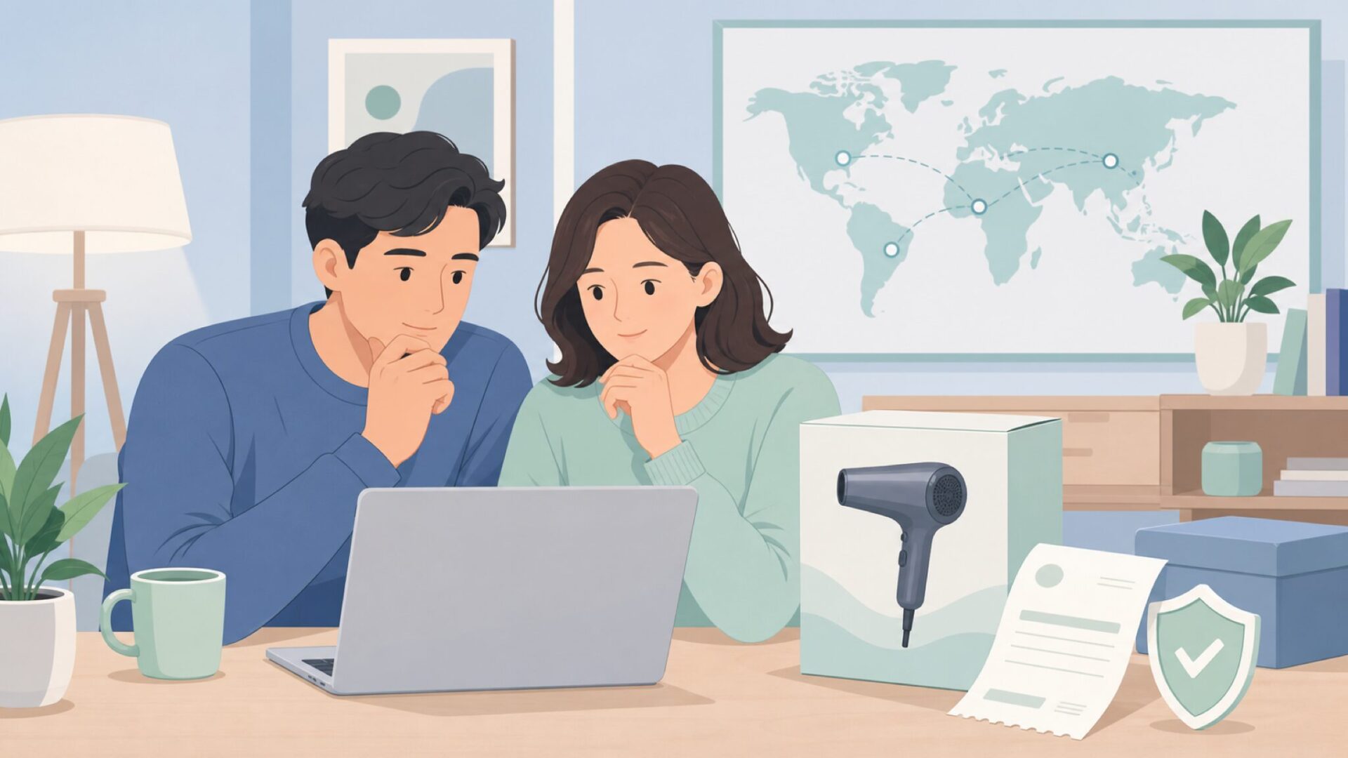 販売元と信頼度を確認する夫婦