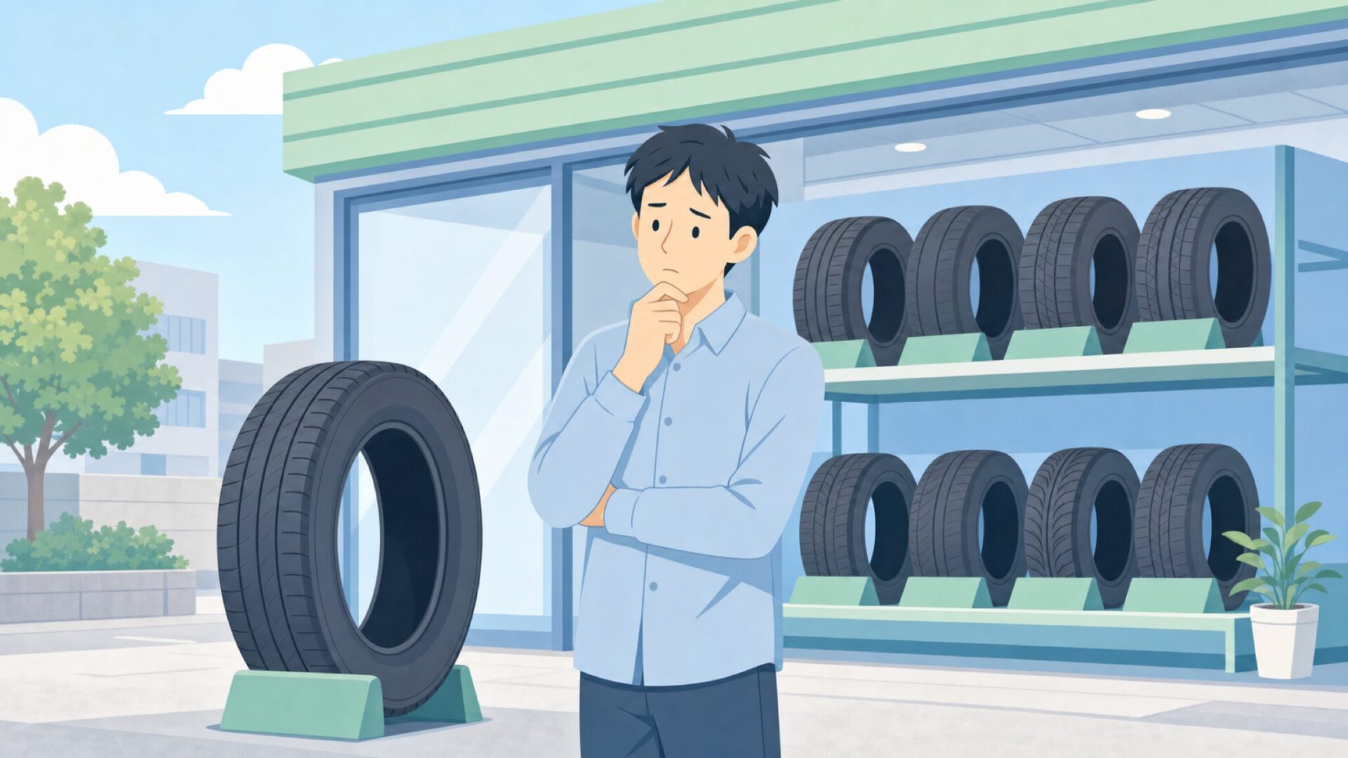 タイヤショップでニットータイヤを見て迷う男性のイラスト