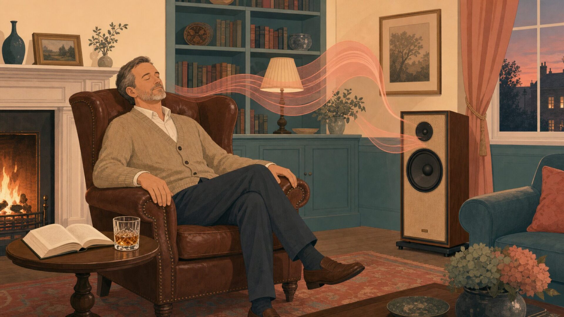 英国の居間で音楽を楽しむ男性のイラスト