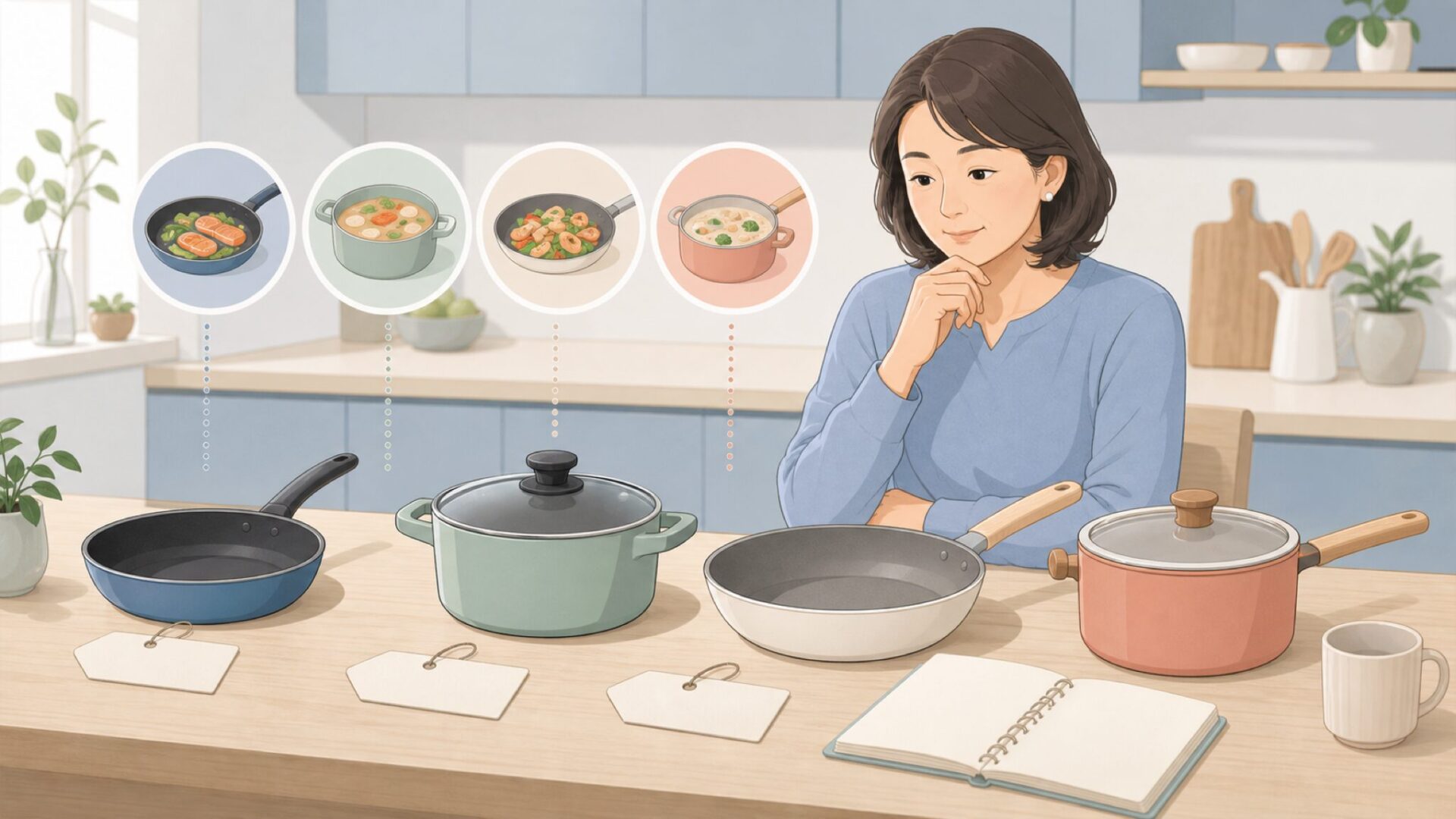 用途と予算で調理器具を選ぶ様子
