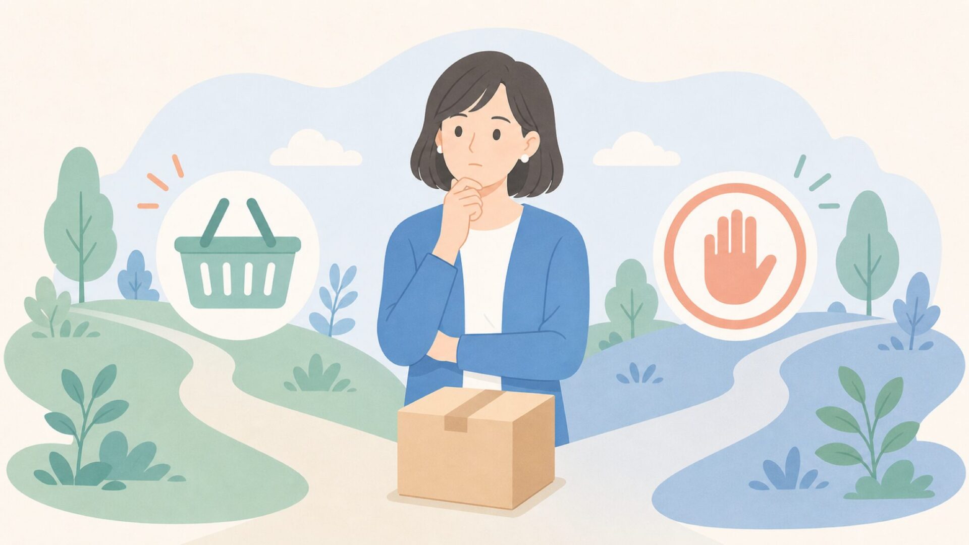 購入するか慎重に判断するイラスト