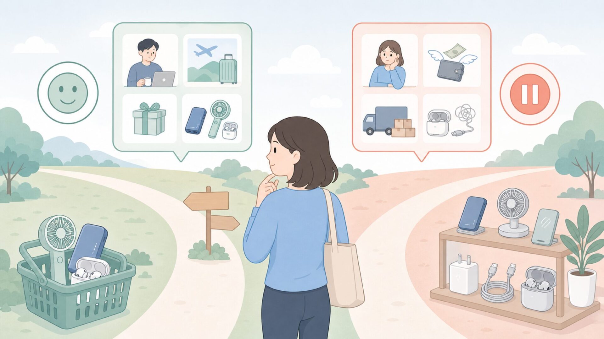 購入するか見送るかを判断する人のイラスト