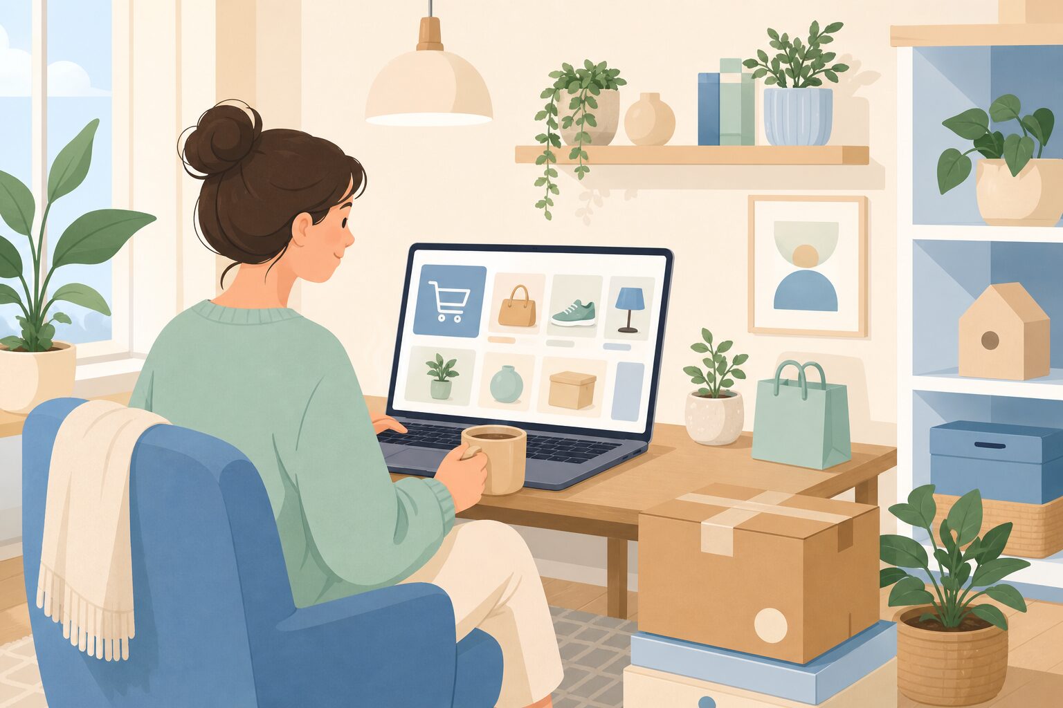 オンラインショッピングをする人物と配送ボックスのイラスト