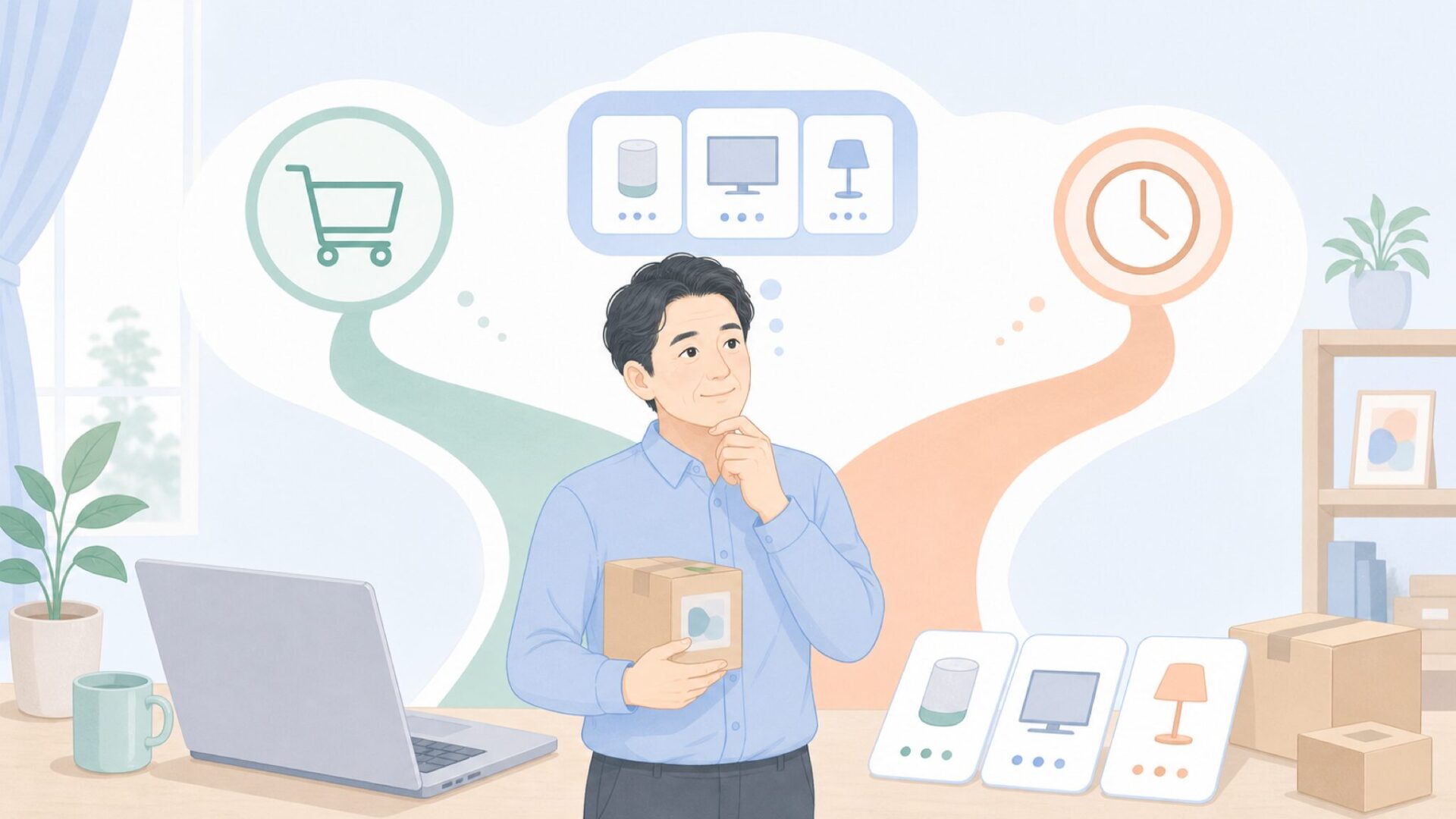 購入するか見送るか判断する人物のイラスト