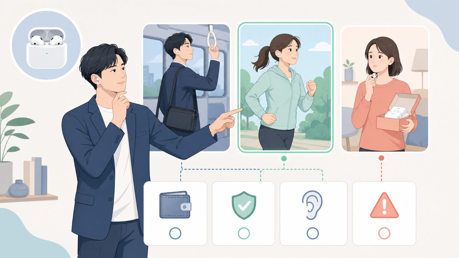 用途に合うイヤホンを選ぶ人物のイラスト