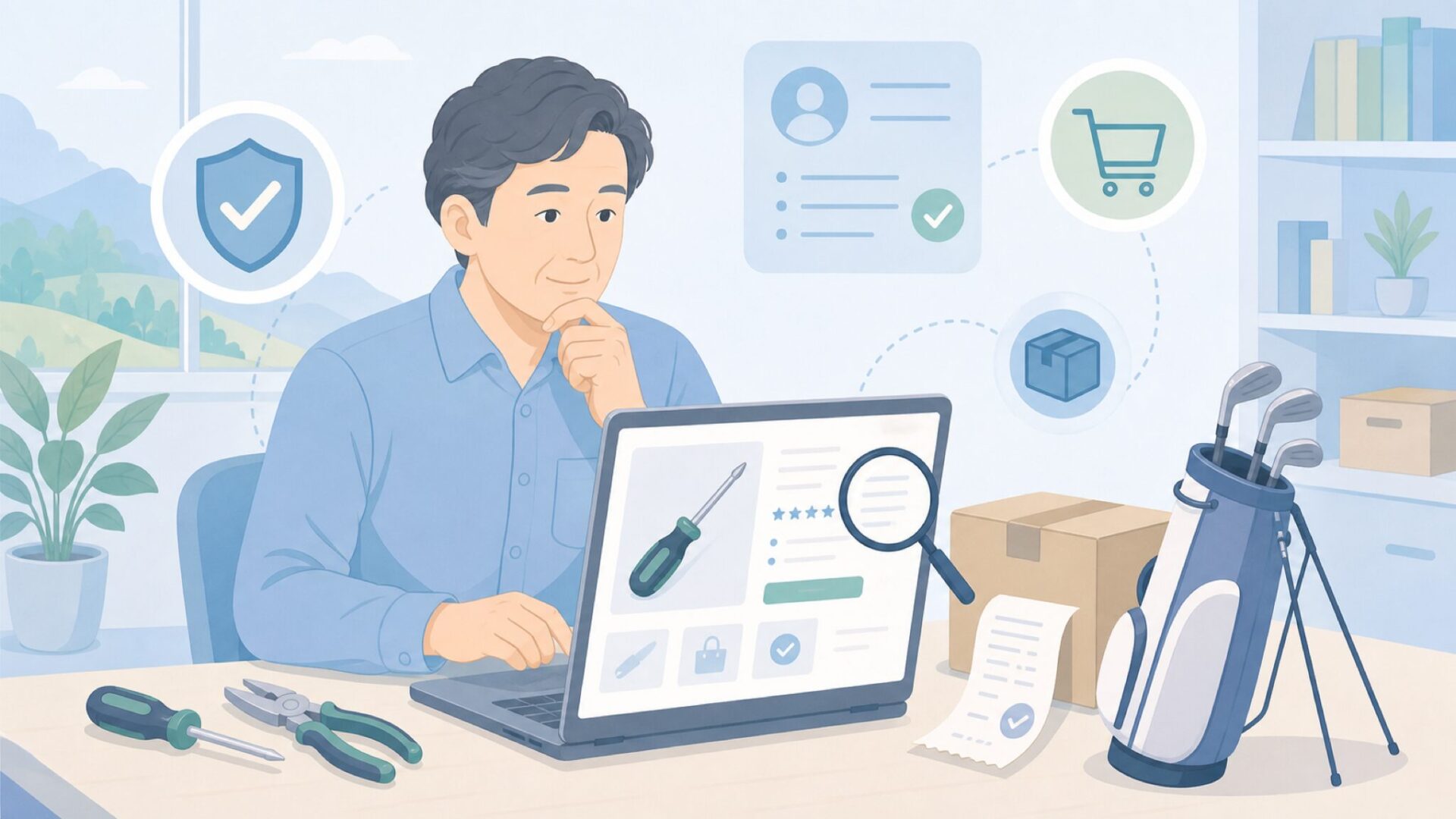 商品購入前の確認ポイントを調べる人物
