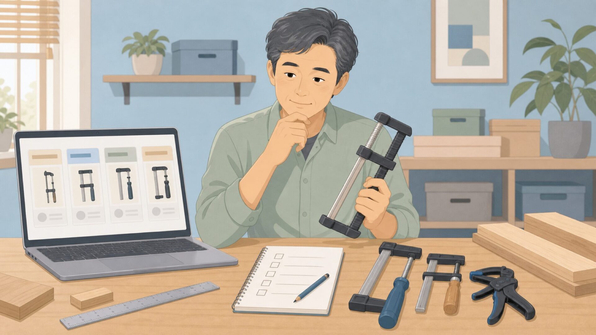 購入前に工具選びを確認する作業者