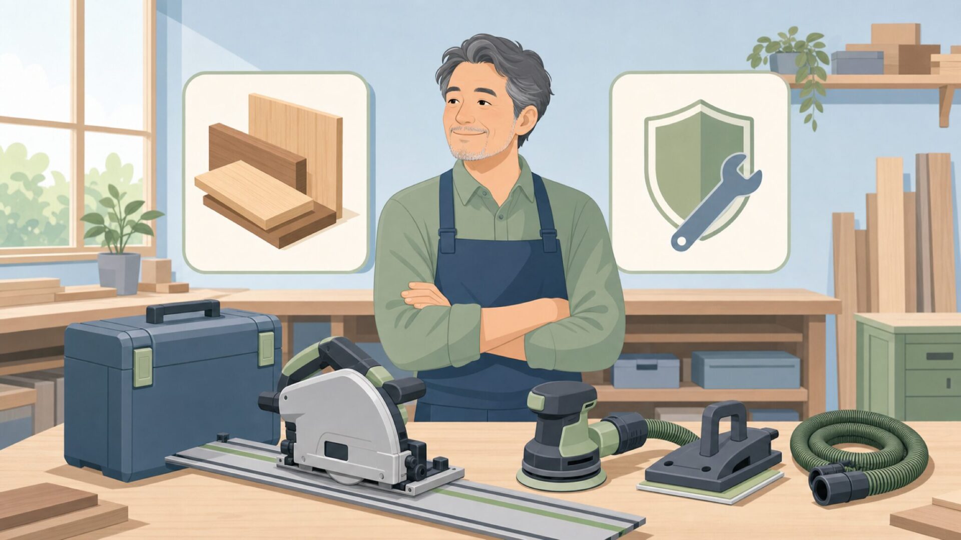 用途と保証を軸に工具購入を判断するイラスト