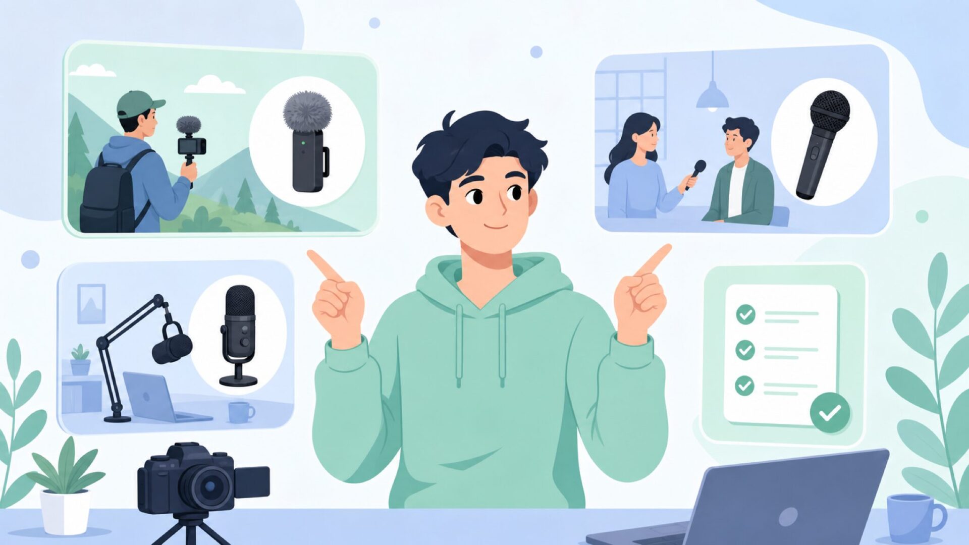 異なる用途のマイク選択肢を指差すクリエイターのイラスト