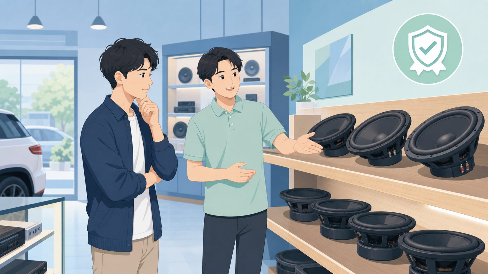 カーオーディオ専門店で店員に説明を受けるペルソナのイラスト