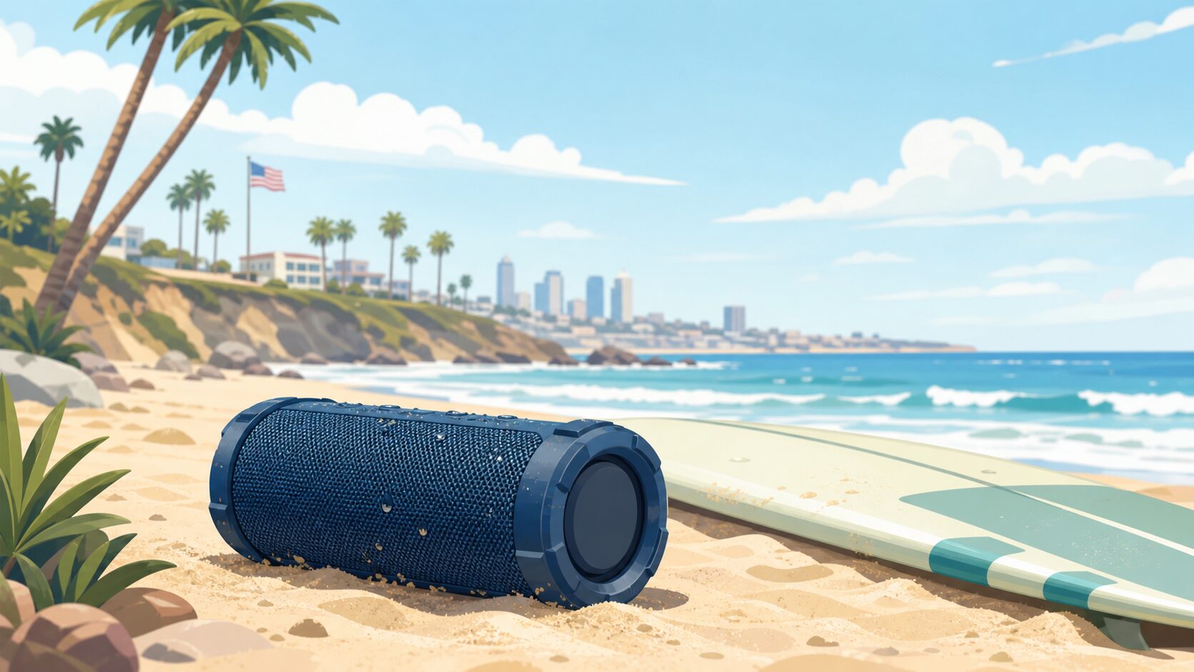 カリフォルニアのビーチとアウトドアスピーカーのフラットイラスト