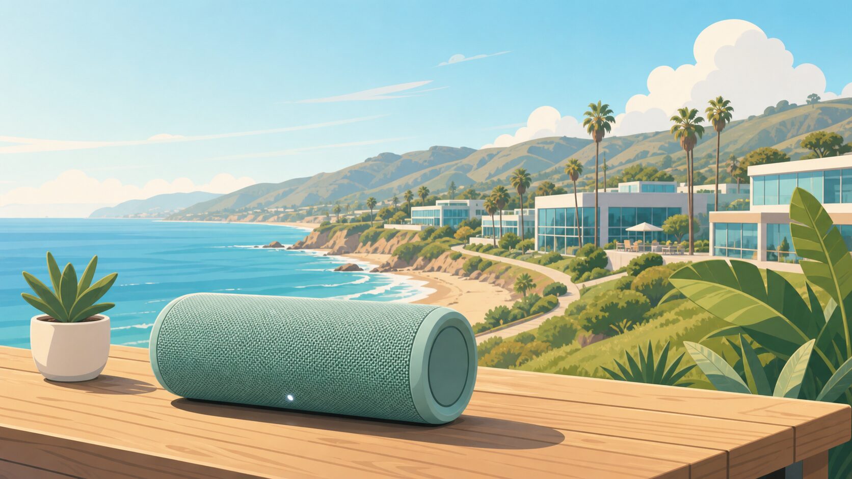 カリフォルニア海岸線と西海岸スタートアップ風景のフラットイラスト