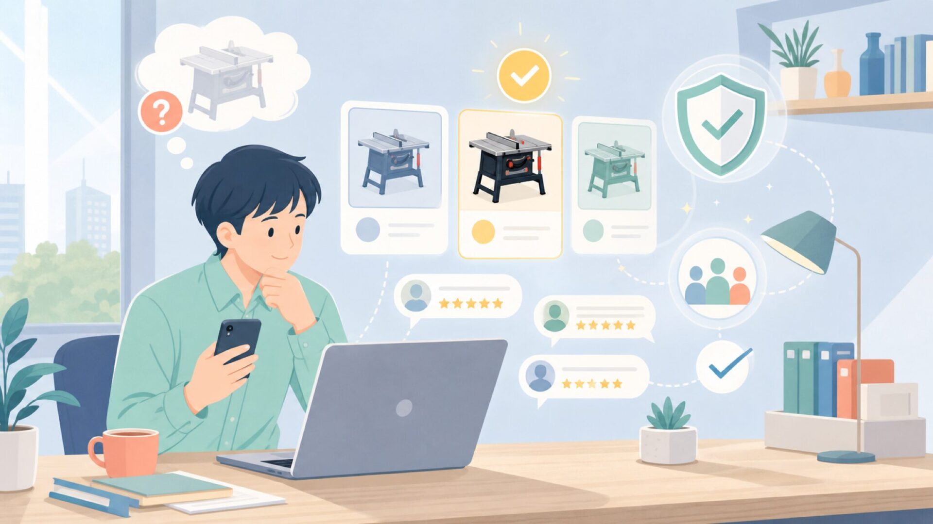 SawStopが信頼される理由 — 実績と導入者の声を表すイラスト