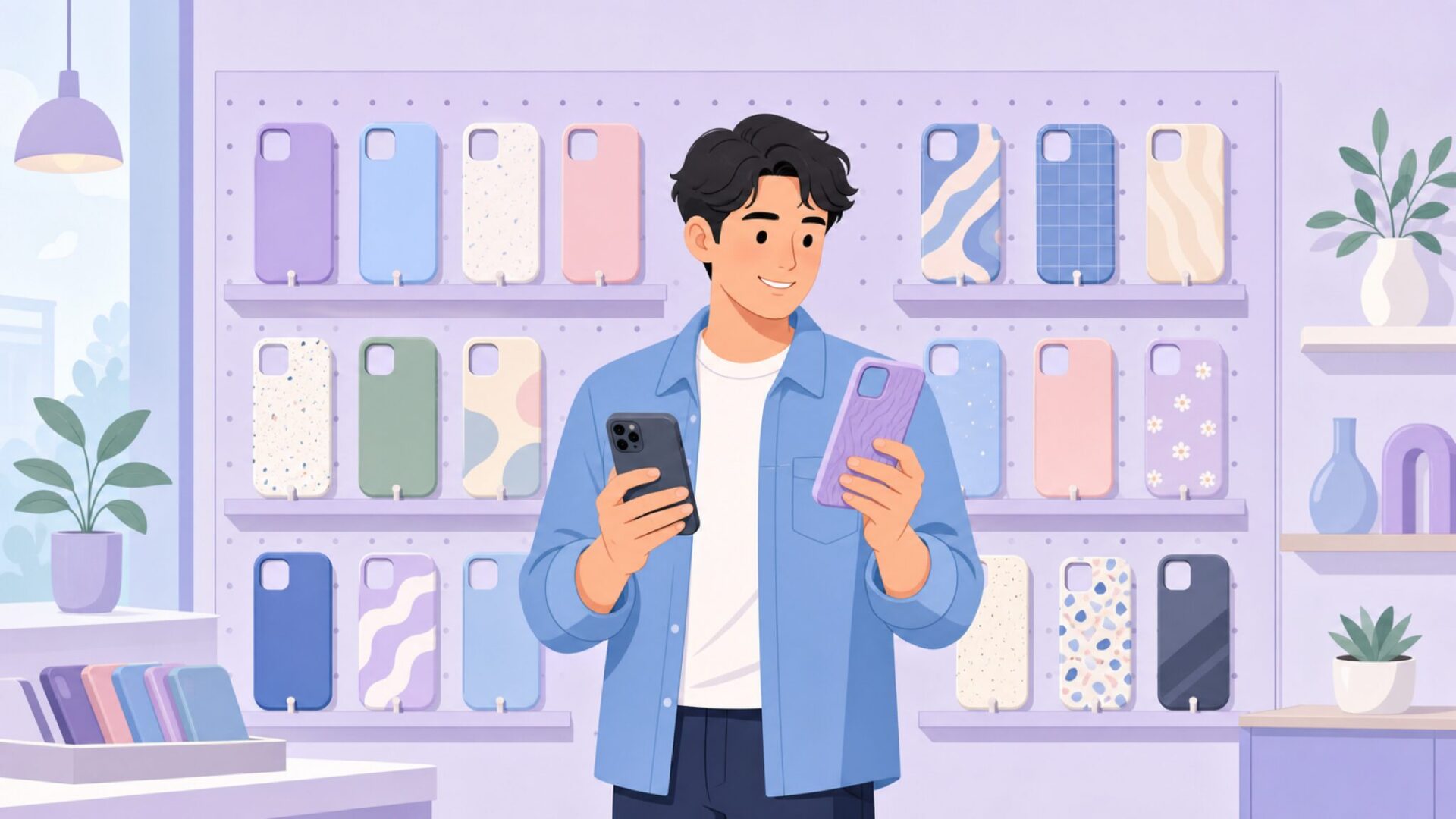 スマホケースのラインナップを比較する人のイラスト