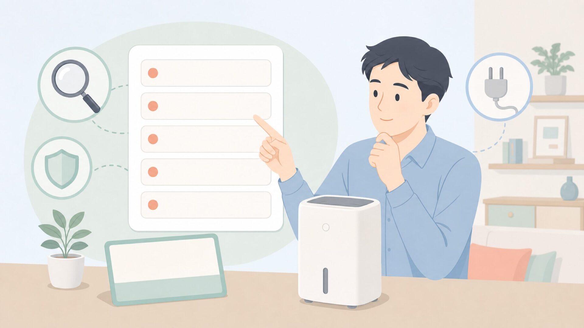 購入前の確認項目を整理するイラスト