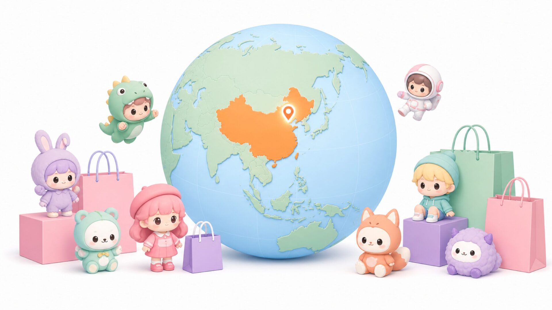 中国・北京を中心とした世界地図とポップマートのブランドイメージ