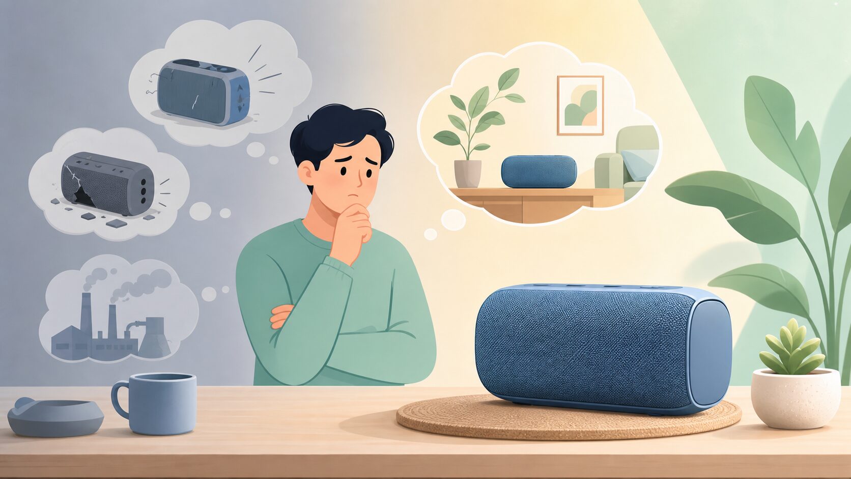 中国製品への不安から信頼へと変化する気持ちを表すイラスト