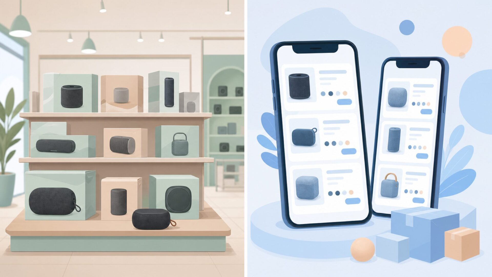 米国実店舗ブランドと中国系ECブランドの違いを比較するイラスト