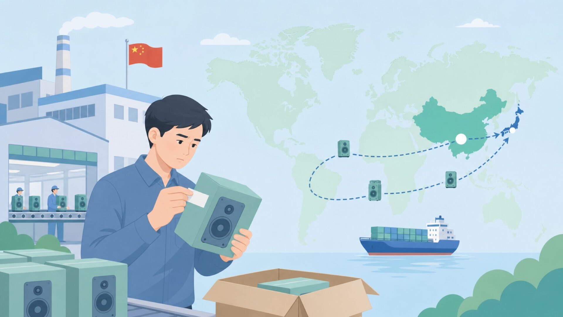 中国の工場から日本への輸送ルートを示す世界地図のフラットイラスト