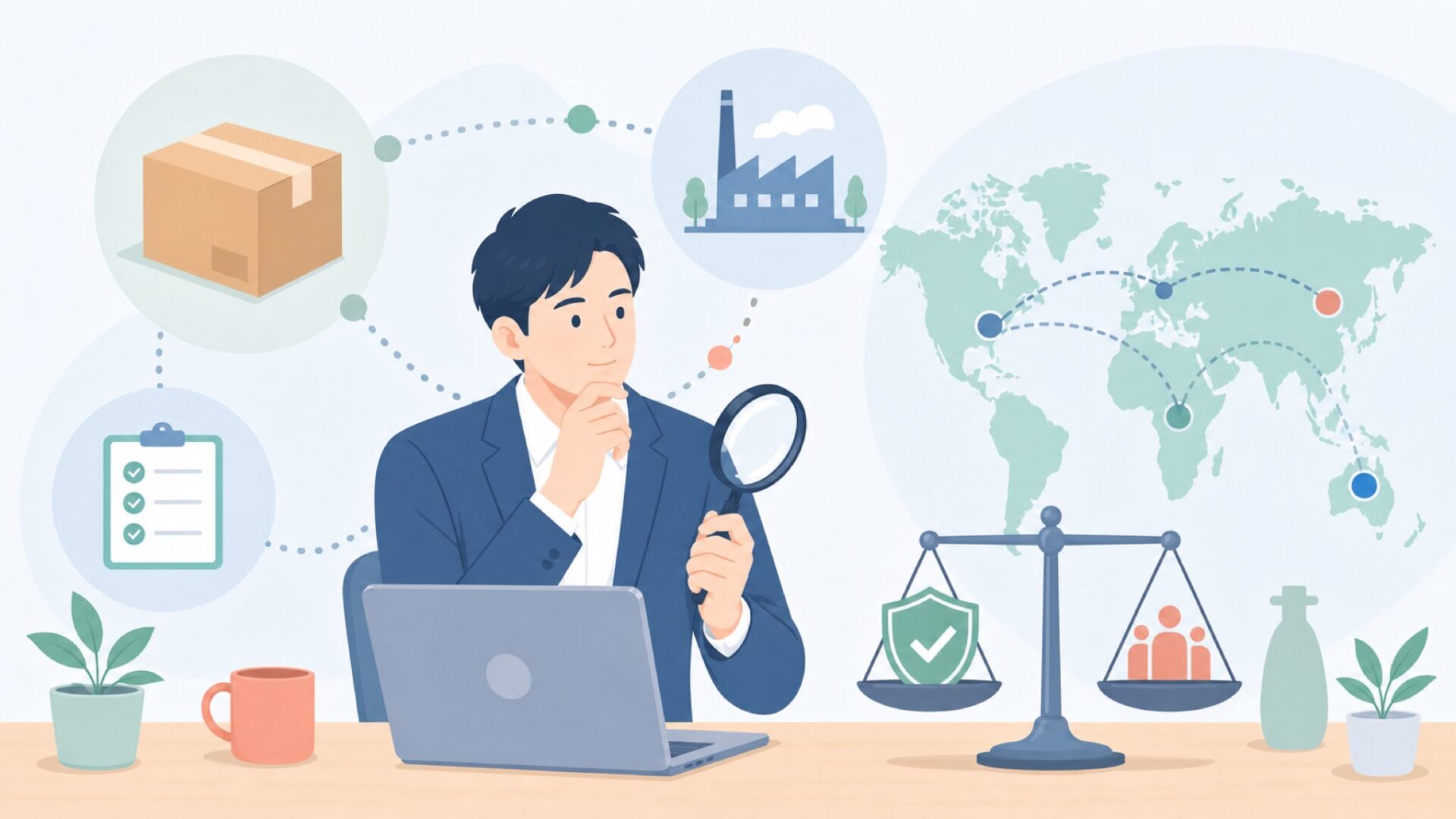 国際的な製造背景を冷静に見るイラスト