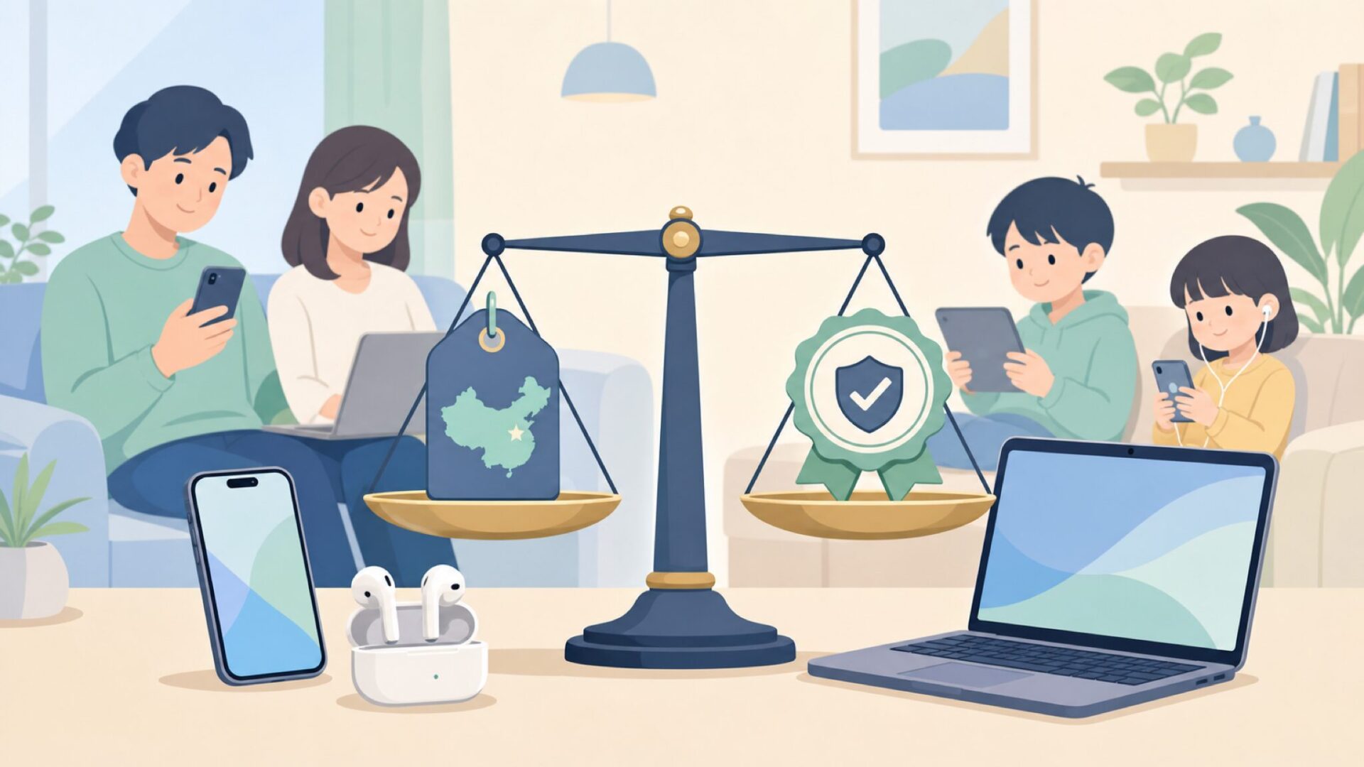 中国製品の品質を天秤で比べるフラットイラスト