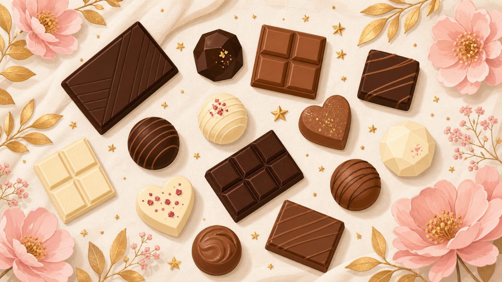 種類豊富なチョコレートが並ぶパステルイラスト