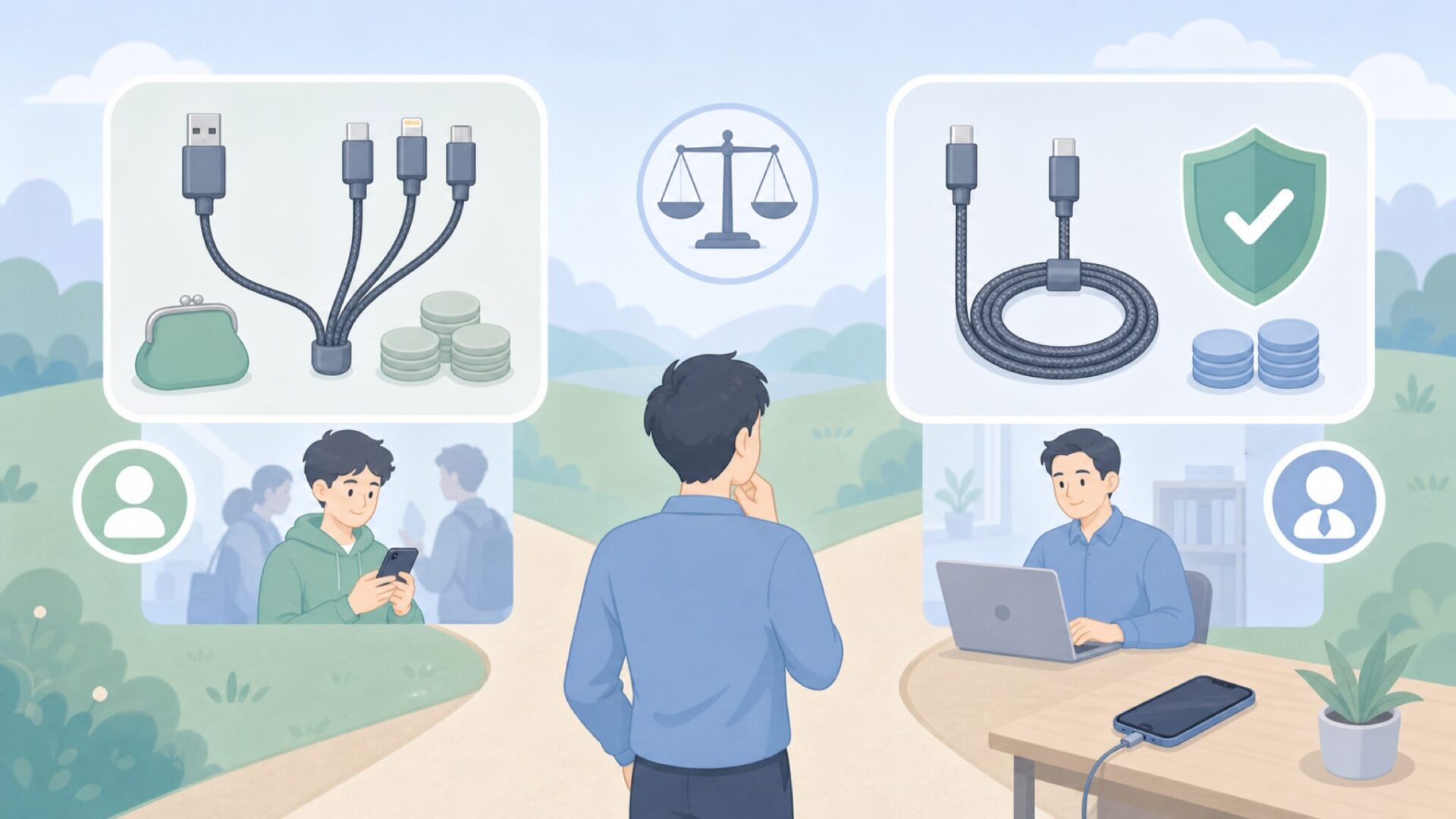 ケーブル選びの分かれ道を示すイラスト