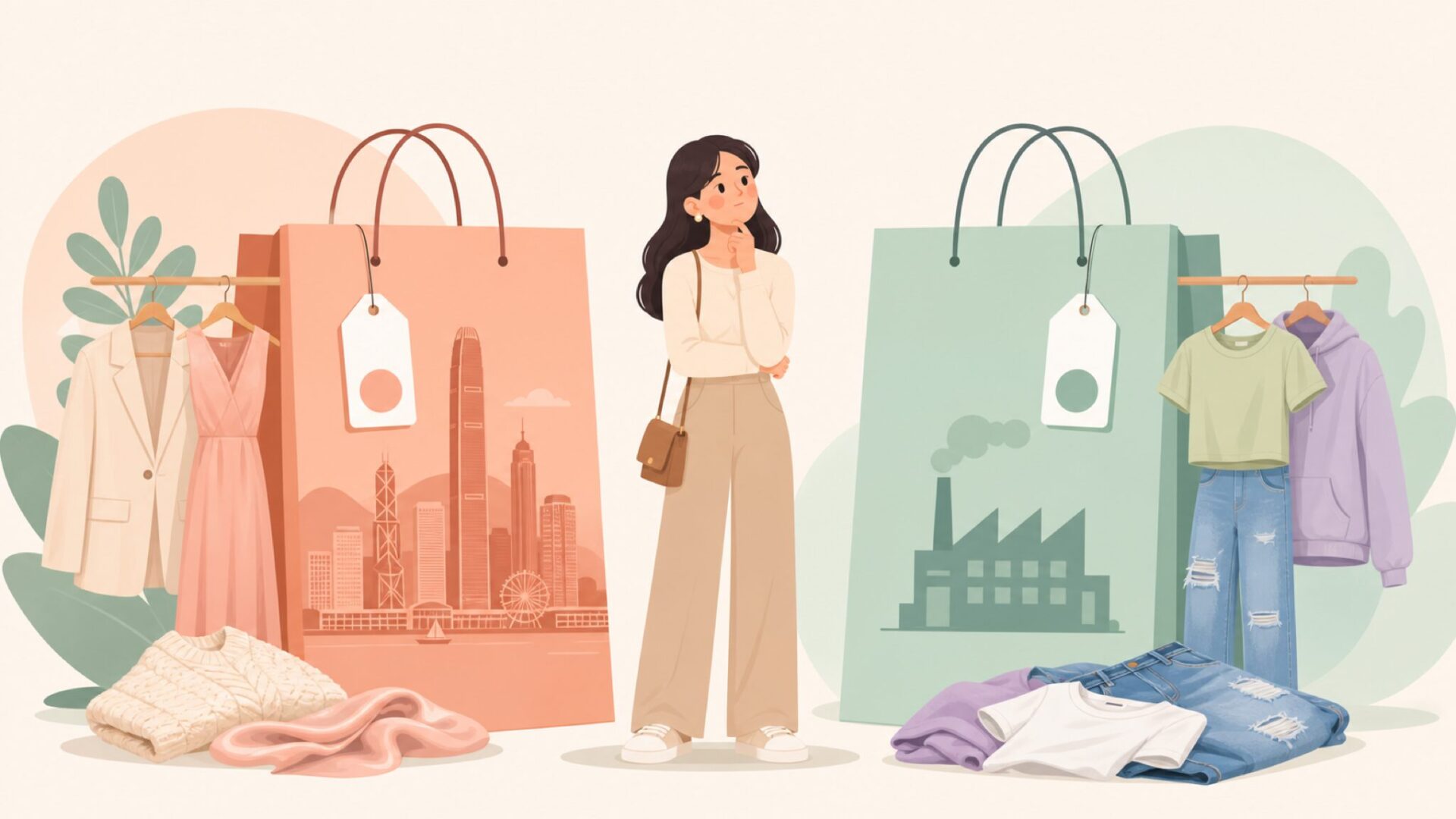 2つのファッションブランドを比較する女性のイラスト