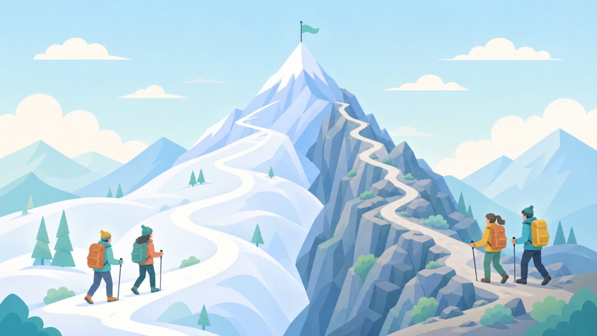 2方向からエベレストを登る登山家のフラットイラスト