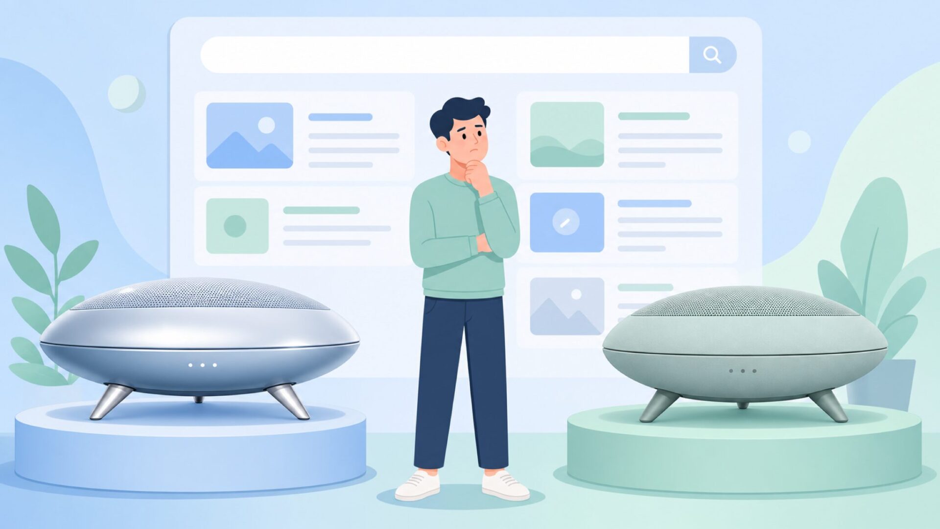 本物と類似品のUFO型スピーカーを比較する30代男性のフラットイラスト