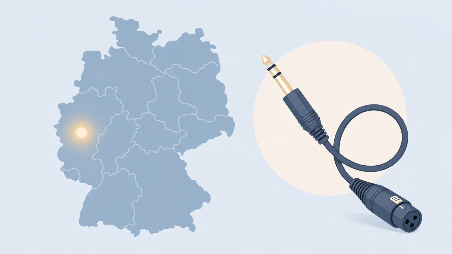 ドイツ・ケルンを示す地図とオーディオケーブルのイラスト