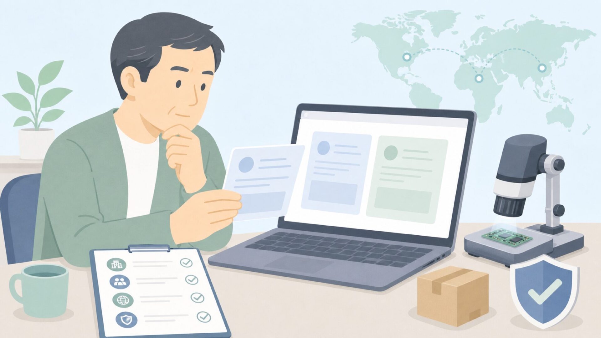 販売会社の情報を確認する人物