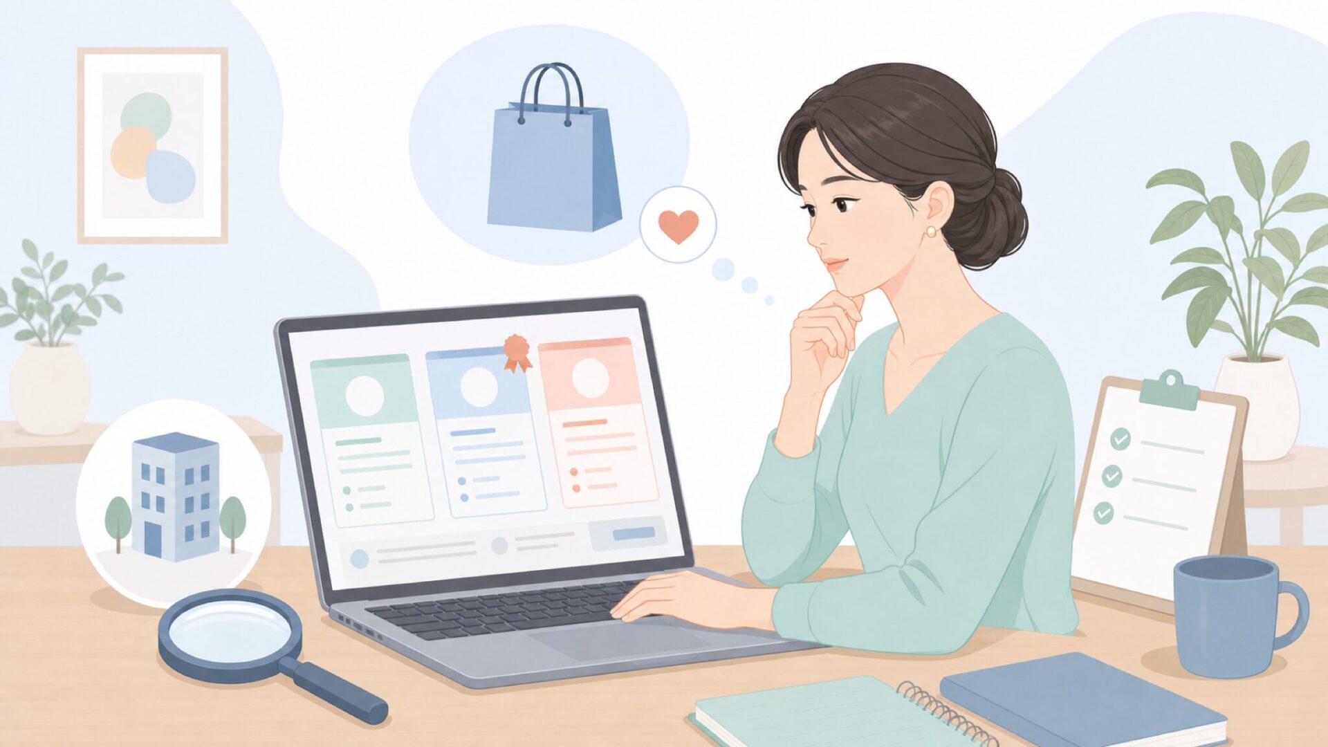 会社情報を確認する女性とチェック項目