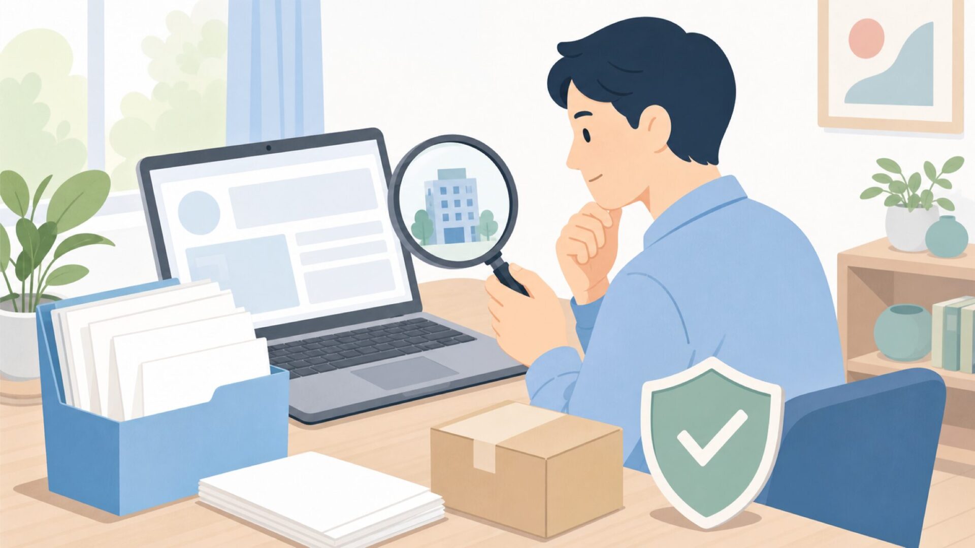会社情報を調べて安心材料を探す人のイラスト