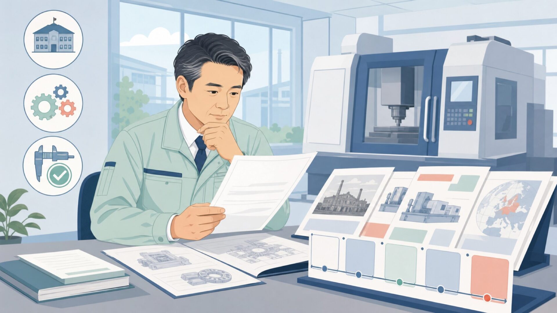 工作機械メーカーの歴史と品質を確認する担当者
