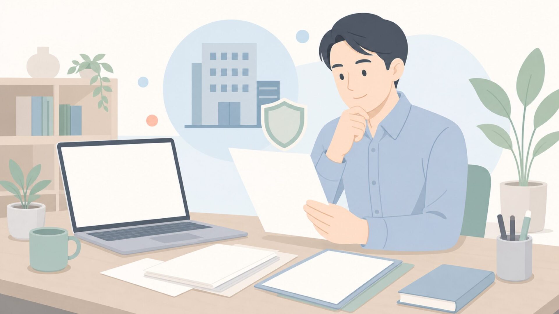 会社情報を確認するデスク上のイラスト