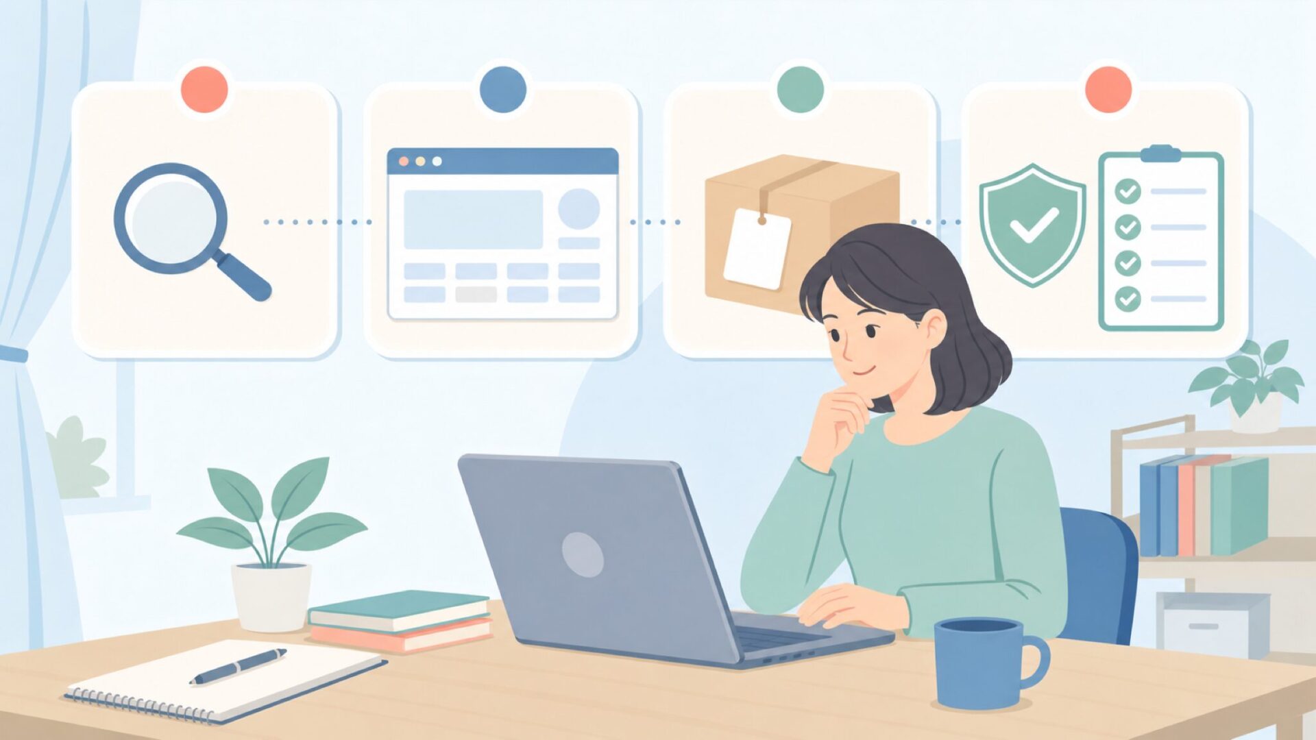 会社情報を順番に調べる人物のイラスト