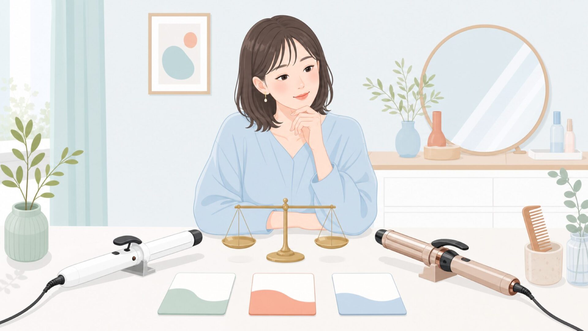 2つのヘアアイロンを比較する女性