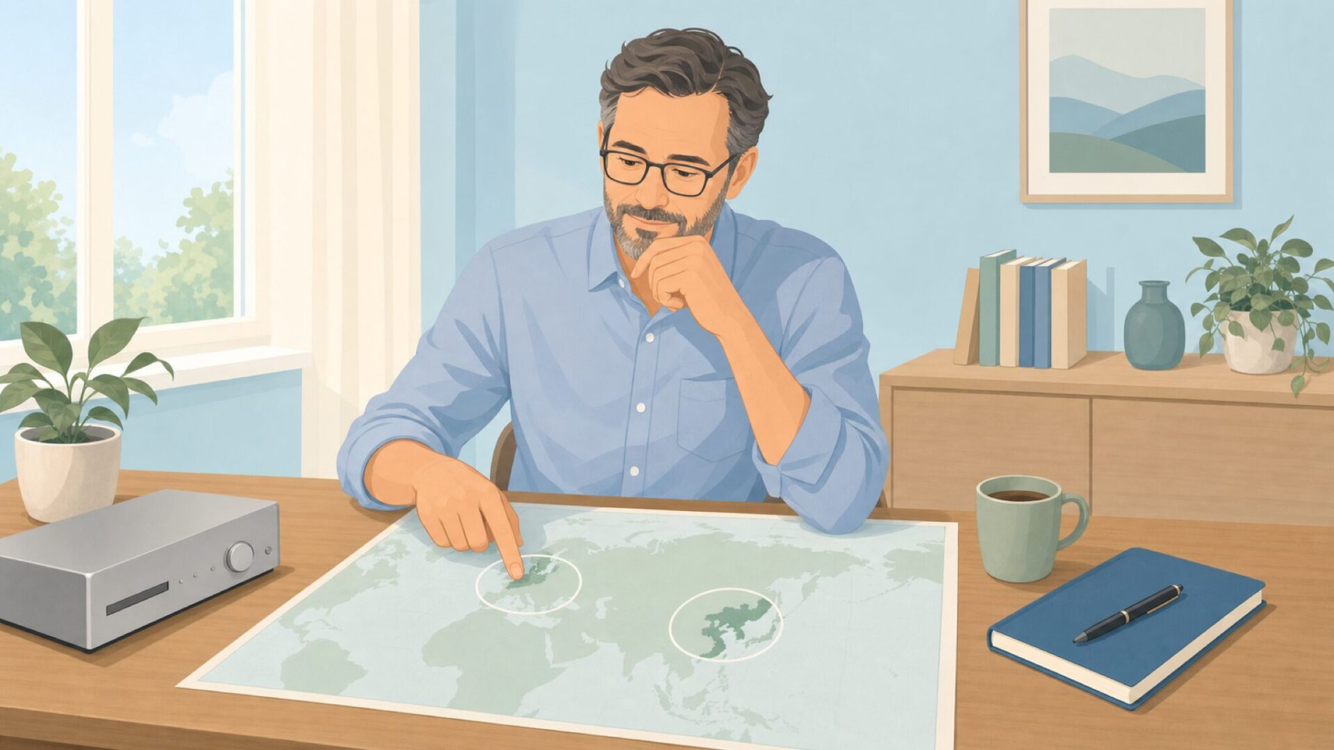 世界地図でドイツとアジアを見比べて結論を整理する男性のイラスト