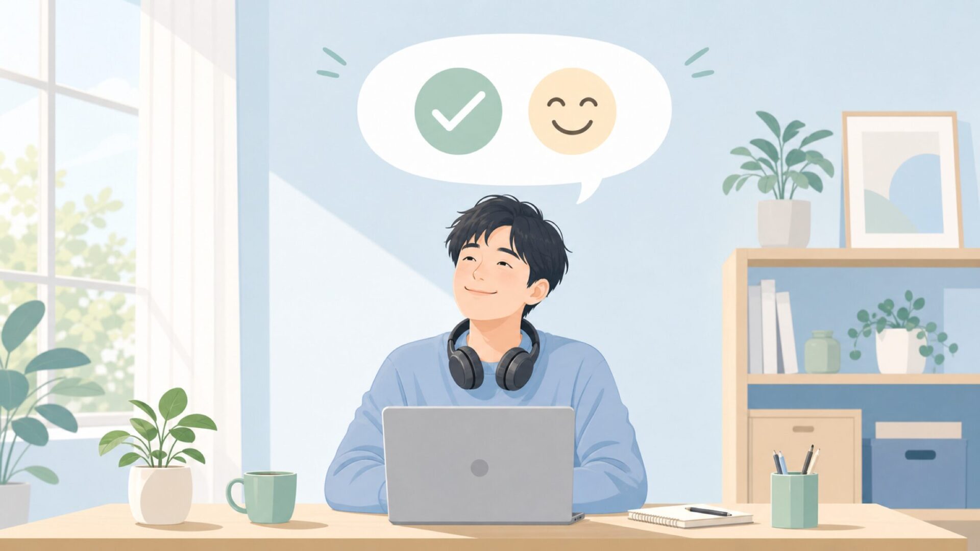 結論を知って安心する読者のフラットイラスト