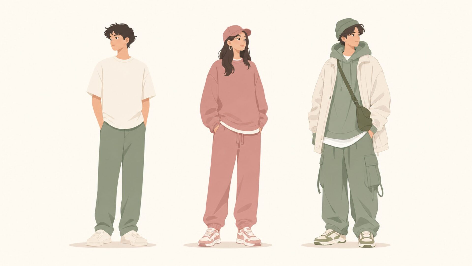 初級・中級・上級の3人のコーデスタイルが並ぶフラットイラスト
