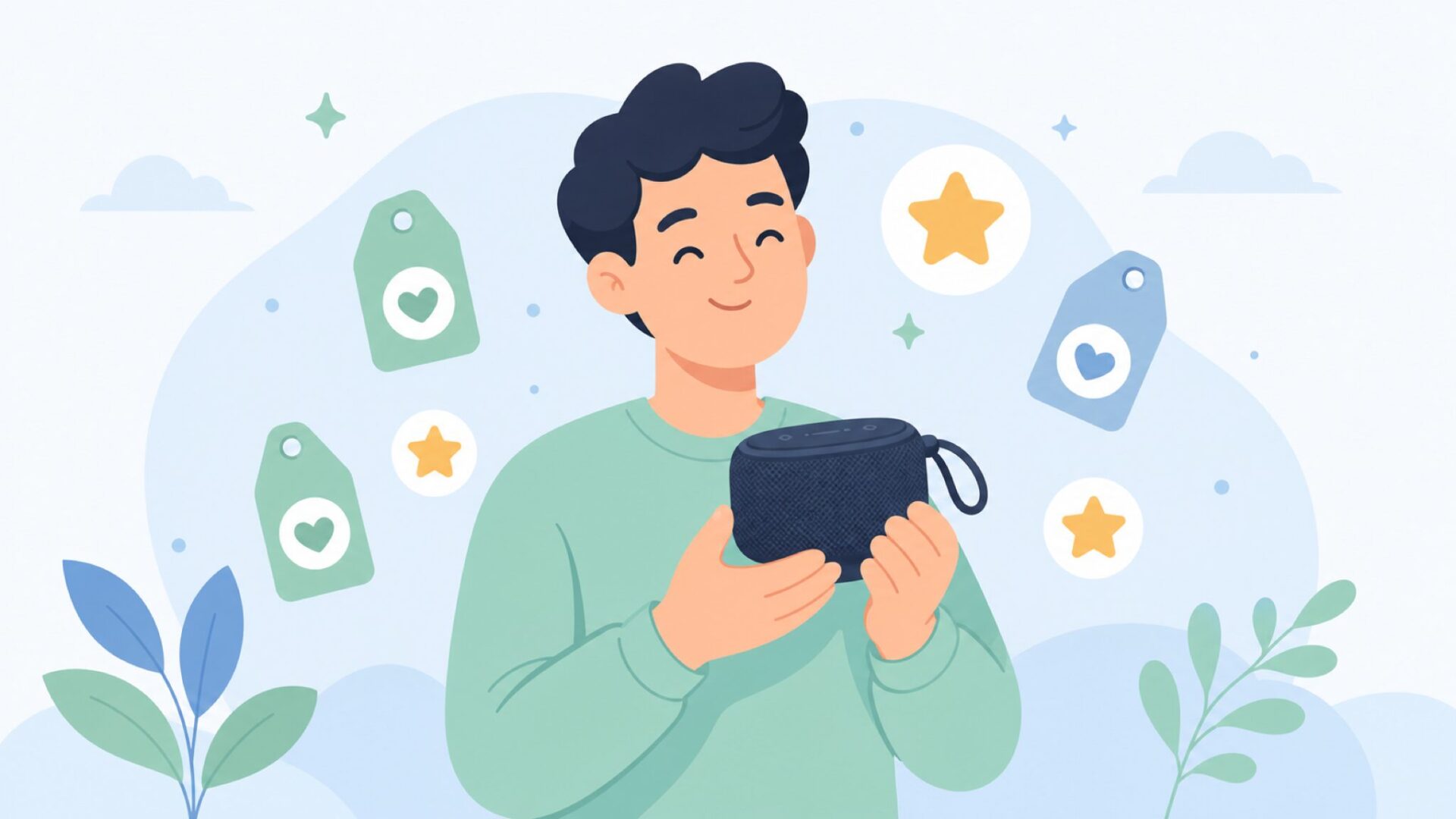 手頃な価格で高品質な製品を手にする満足感を表したフラットイラスト