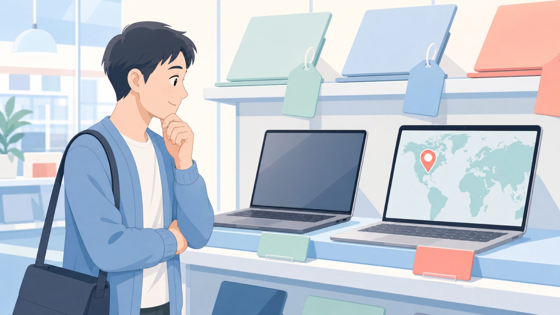 店頭でHPの国籍を確認する買い物客