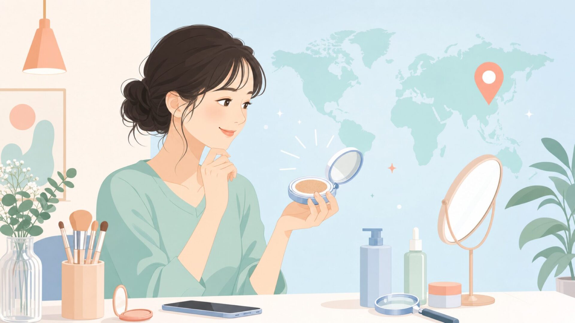 コスメの国を調べて安心する女性のイラスト