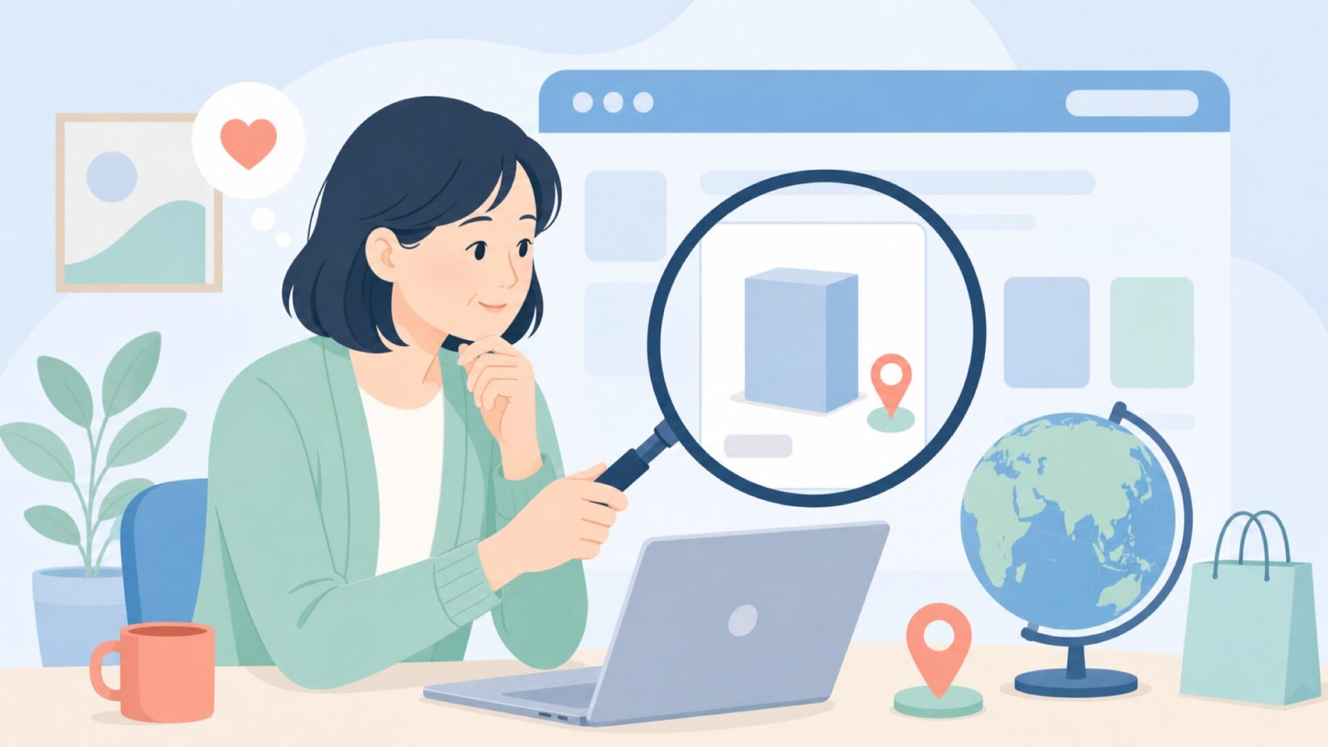 ブランドの国を調べて安心する女性のイラスト