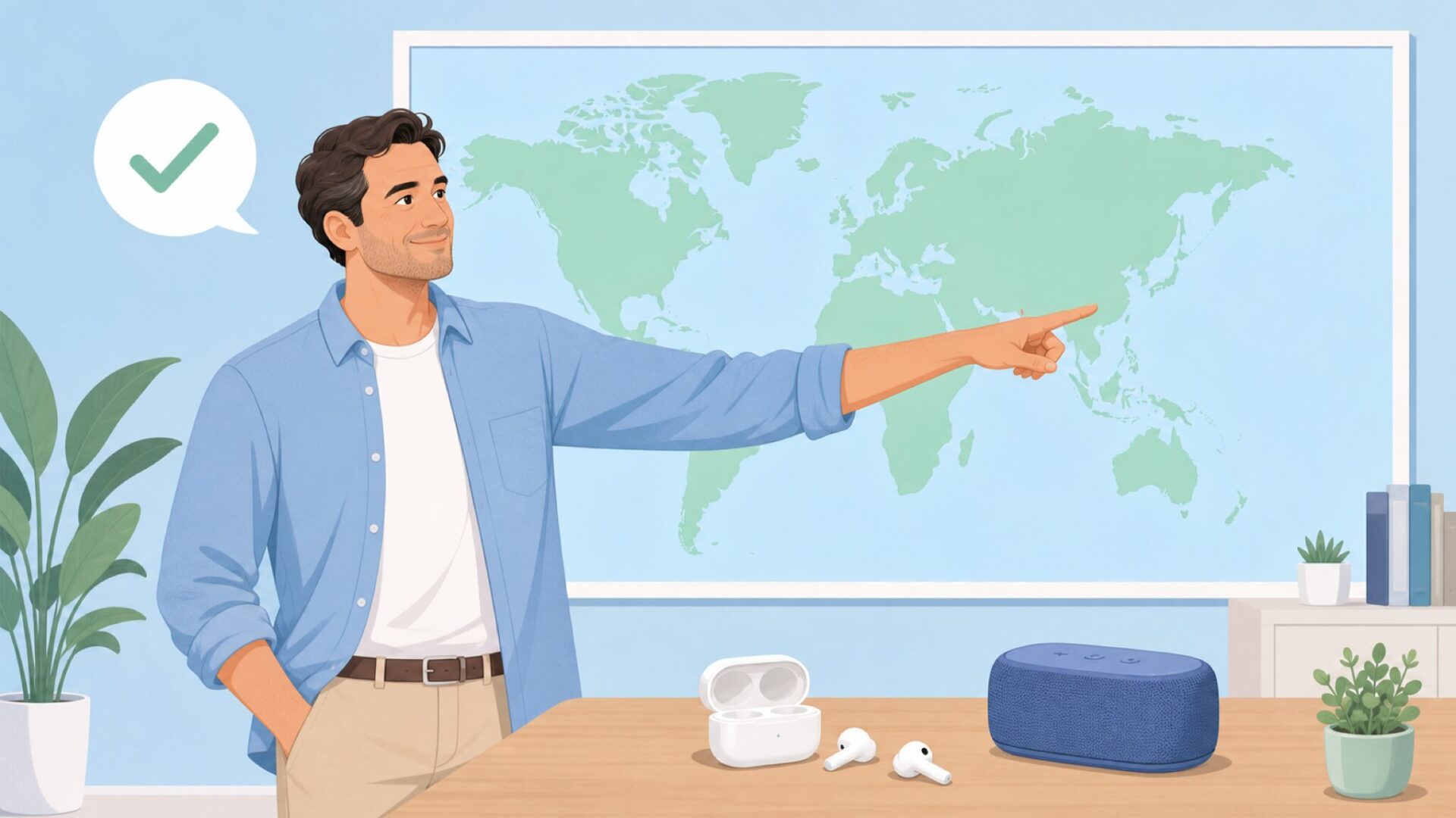 世界地図の前で東アジアを指し結論を確認する男性