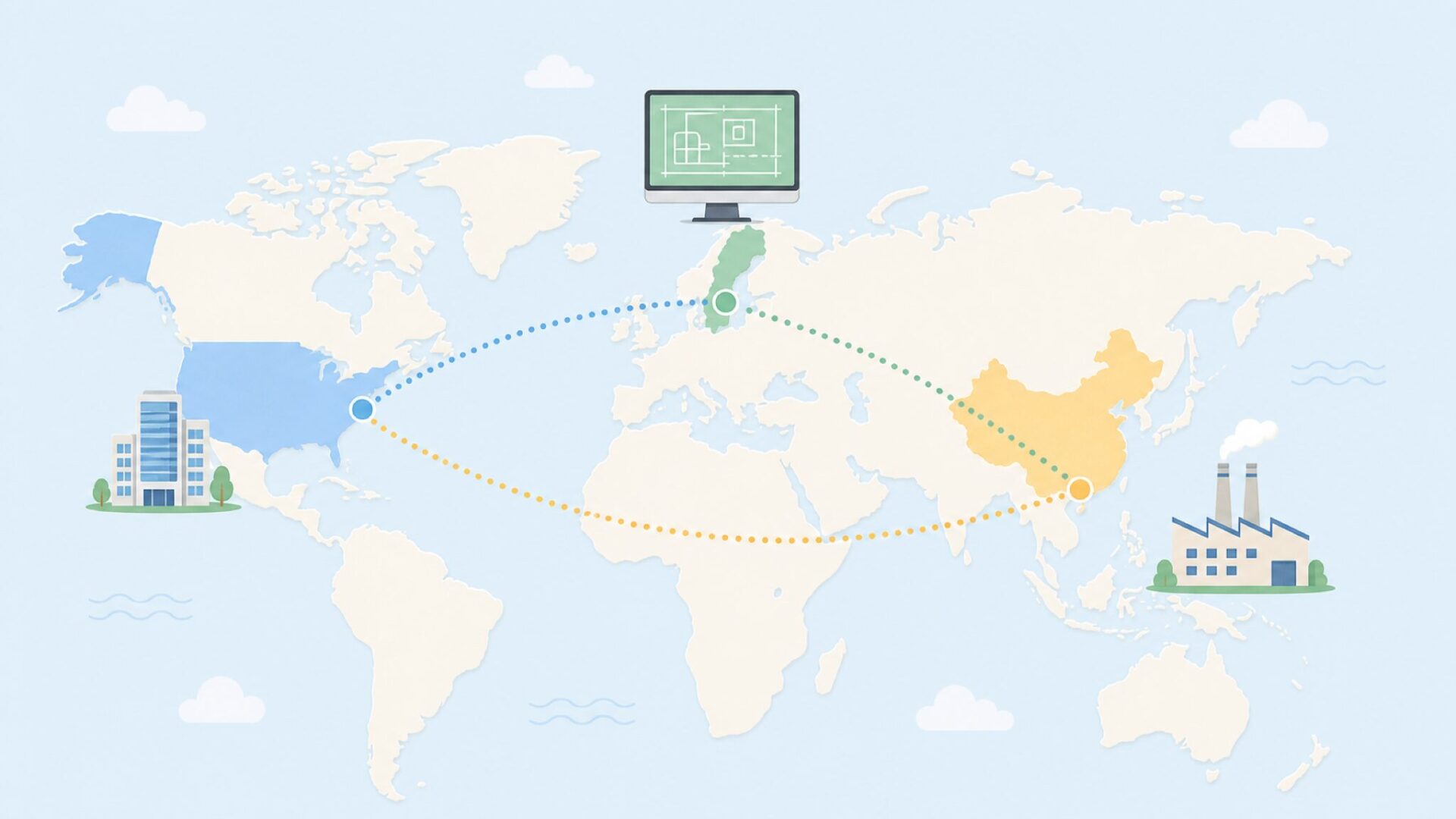 米国・スウェーデン・中国をつなぐ世界地図のフラットイラスト