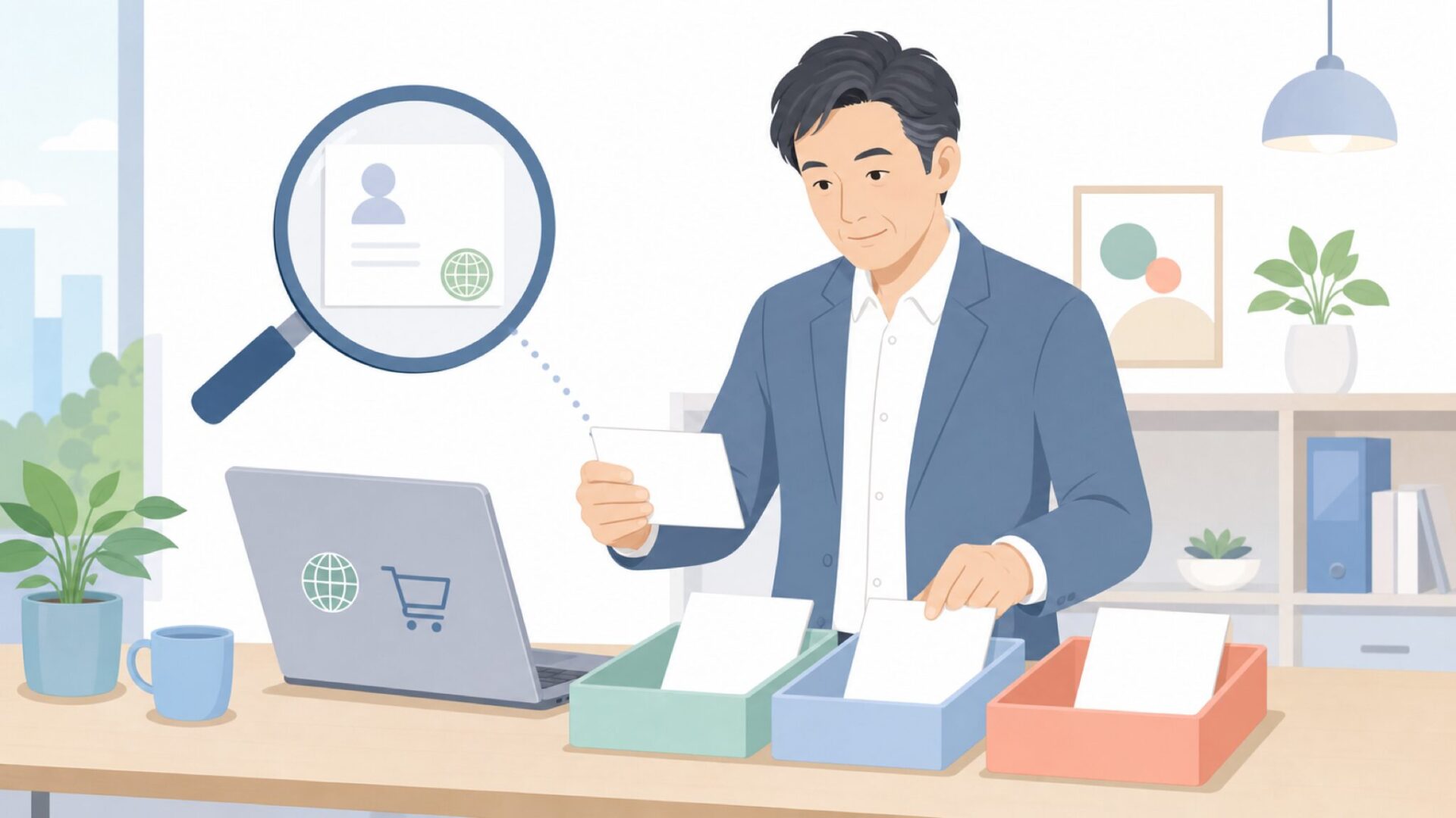 ブランド情報を仕分けて確認する男性