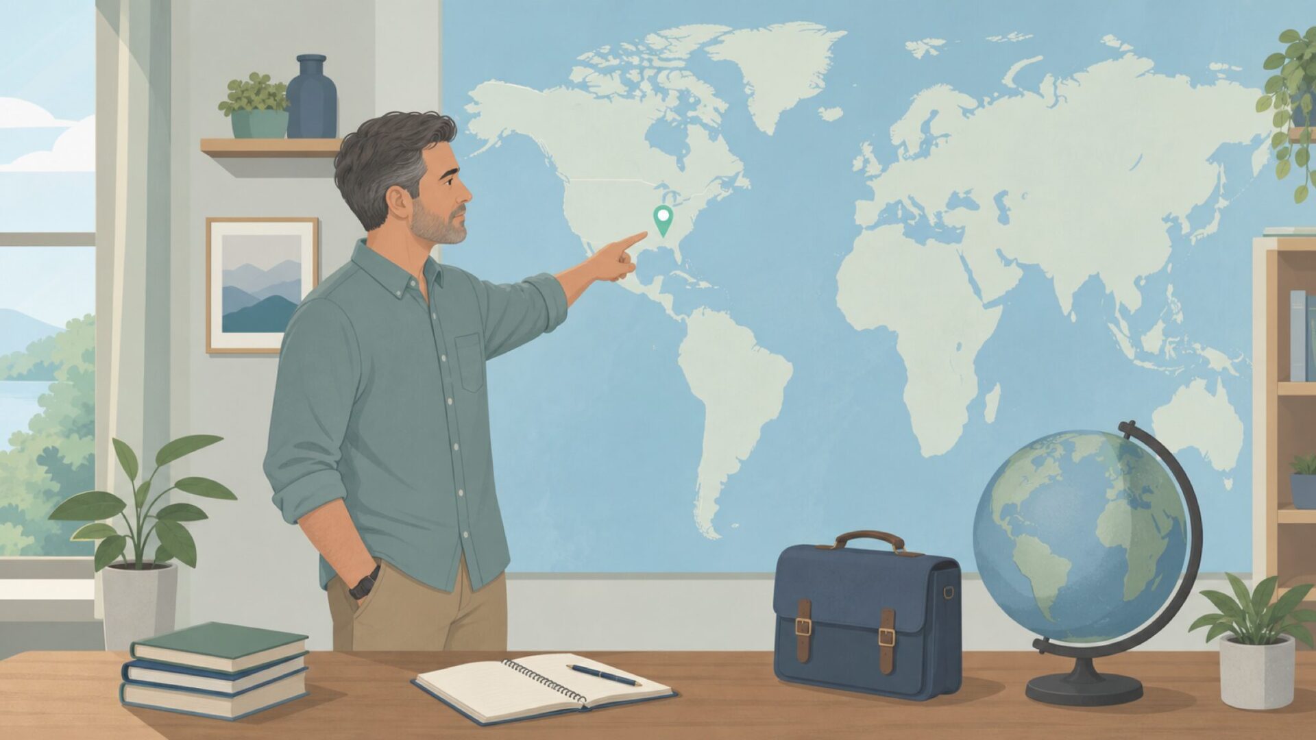 世界地図と米国テネシー州の位置をピンで示すイラスト